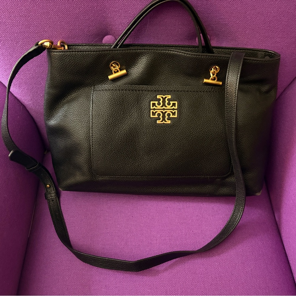 Tory Burch Black Leather Britten Open Tote Large Bag Gold Double Strap Laptop